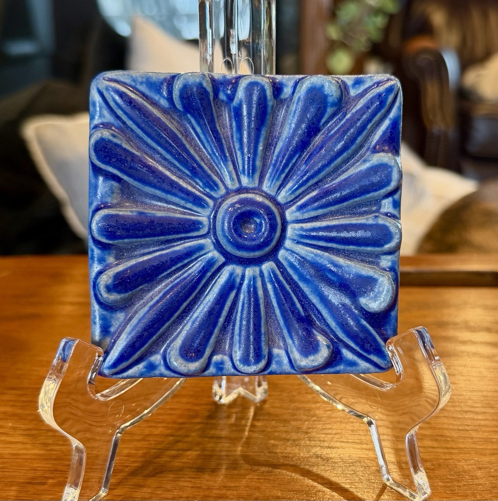 Pewabic Pottery Art Tile 2011 Detroit blue sunflower daisy Flower Very Nice