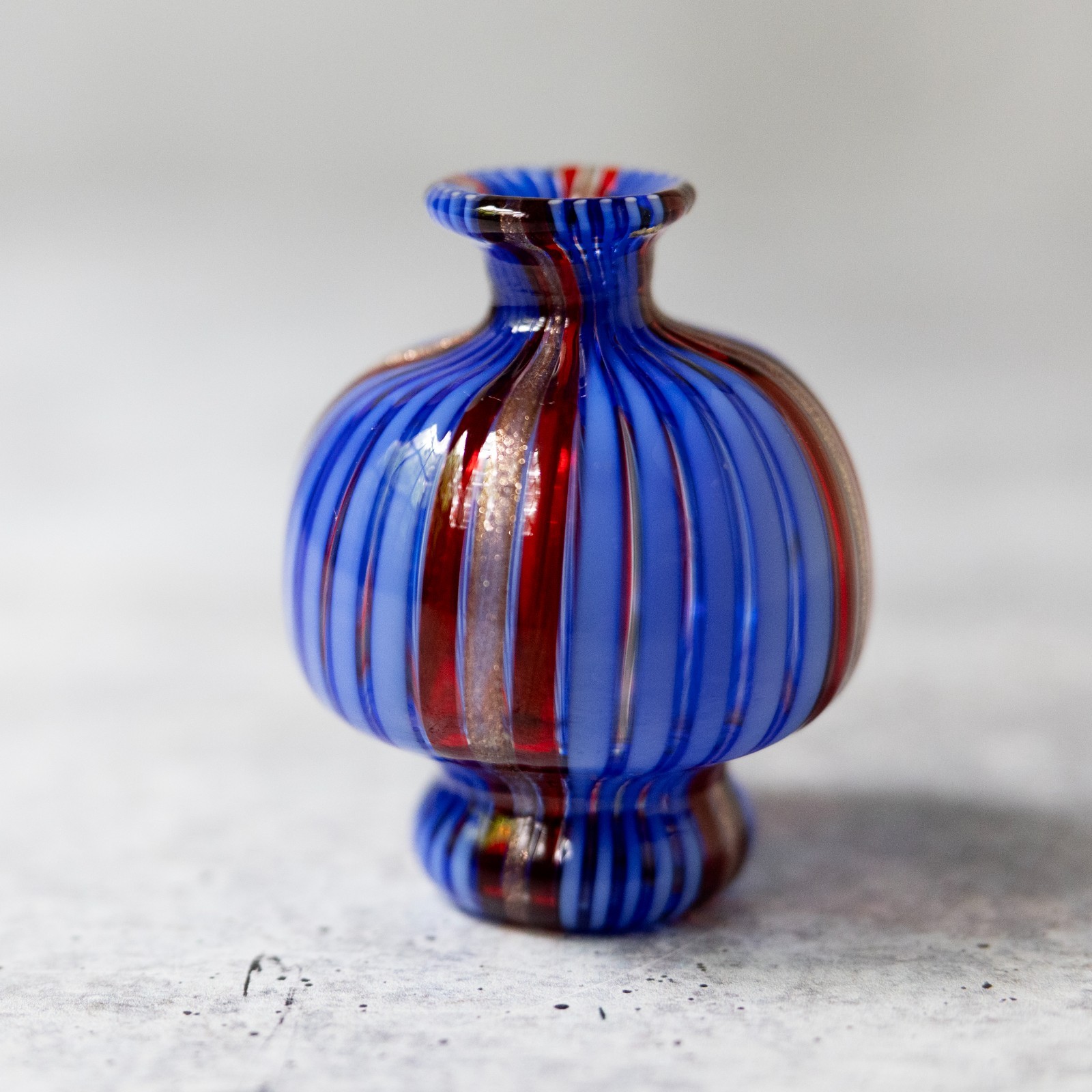 Murano Red Blue Gold Filigree Stripe Mini Vase 2.5 inches tall