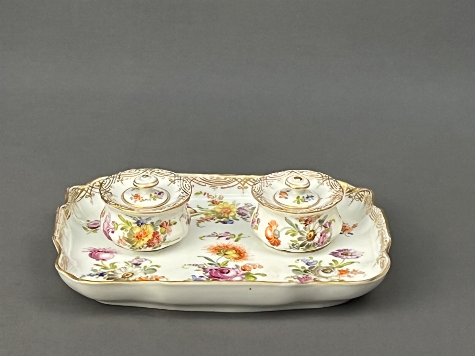 Rare Antique Dresden Porcelain Hand-Painted Dresden Flowers Double Inkwell