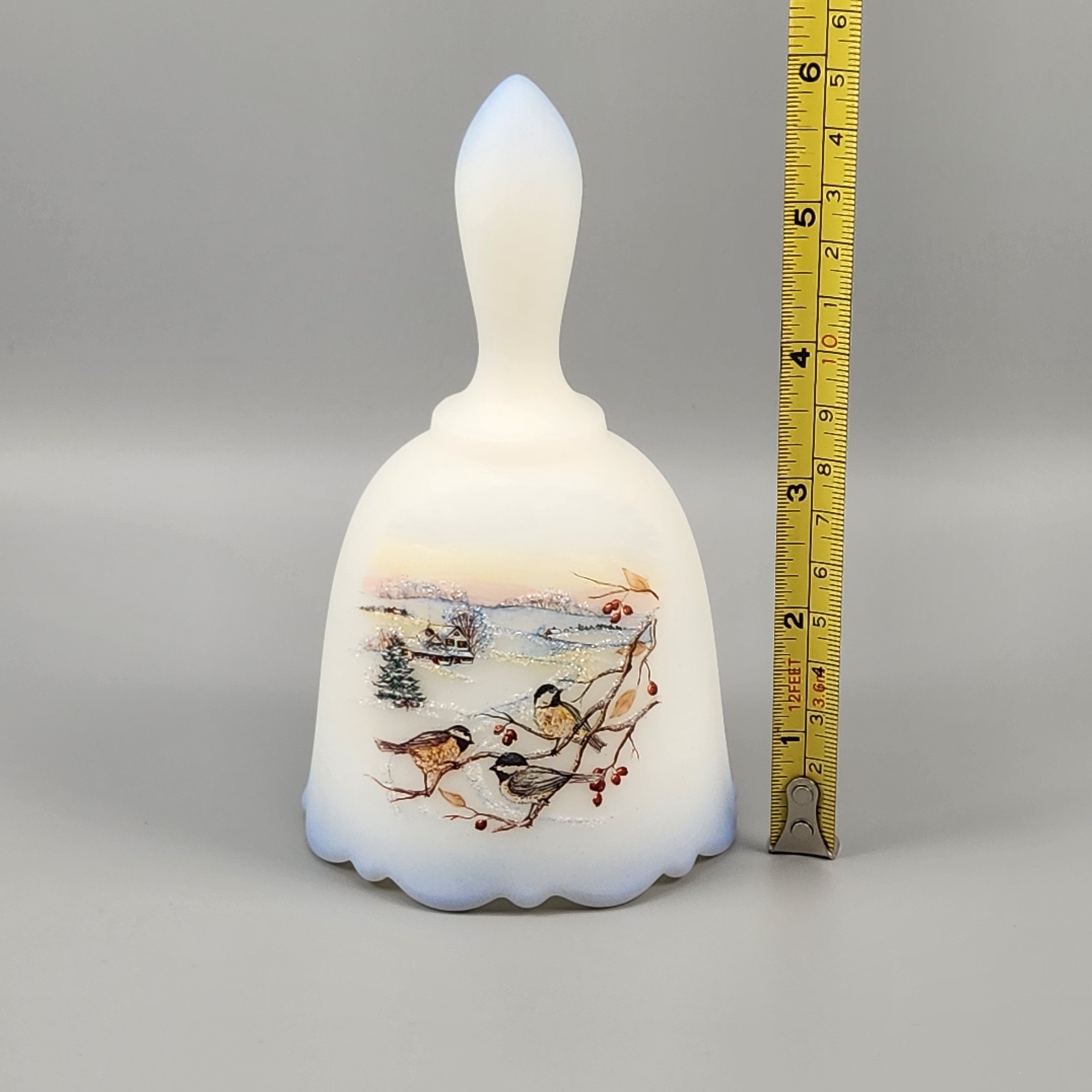 Fenton Satin Glass Bell Birds in Winter Second Edition Chickadee Ballet Signed