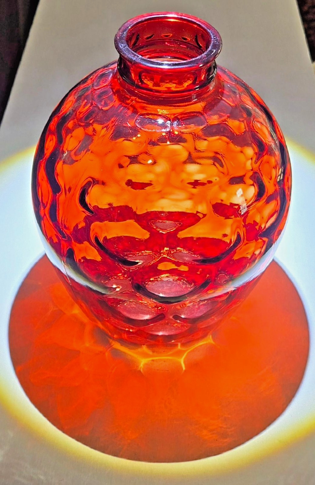 VTG. WHEATON GLASS Ruby Red Honeycomb Reverse Optic Decanter/Vase MCM 8.5″