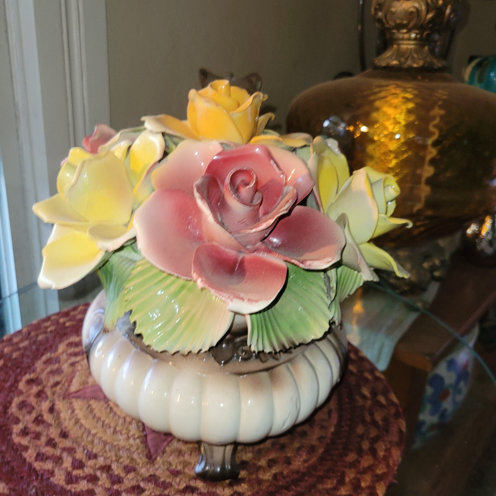 Antique Capodimonte Italy Pink and Yellow Roses Centerpiece 10″ Porcelain