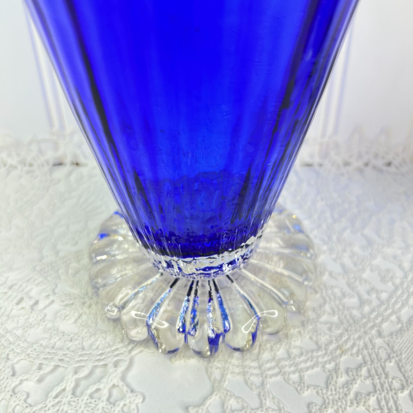 Vintage Cobalt Blue Glass Basket Vase Clear Twisted Rope Handle & Ruffled Edge