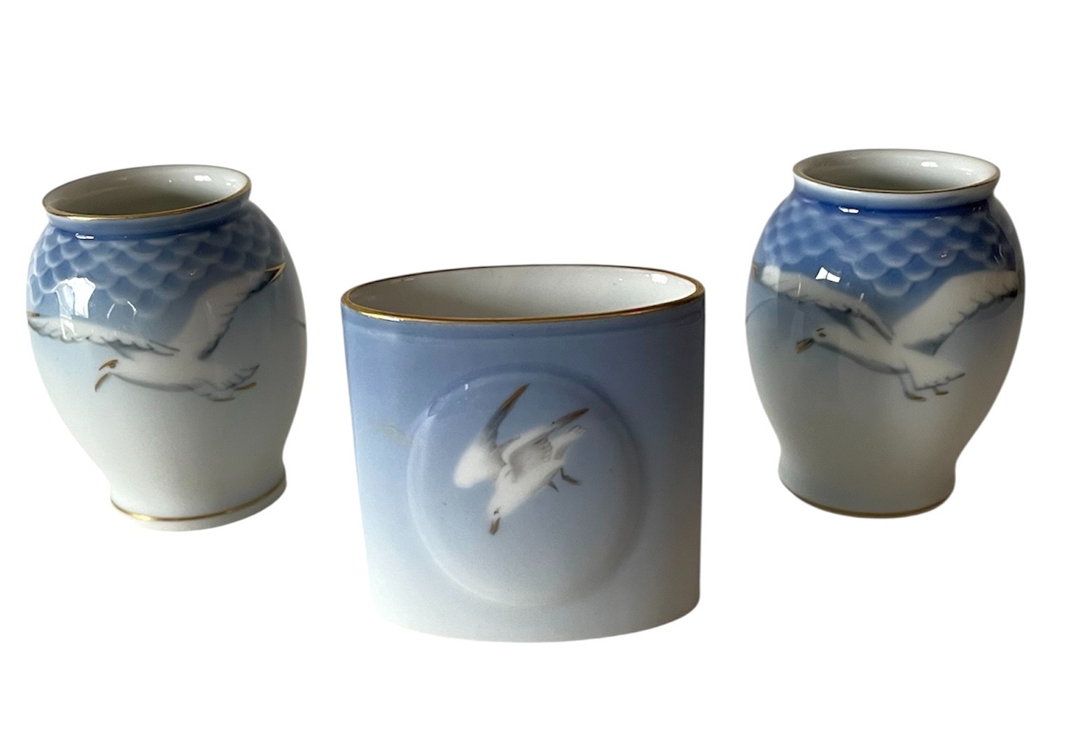 3 Vtg Bing & Grondahl Porcelain Seagull Mini Vases Royal Copenhagen Birds B&G