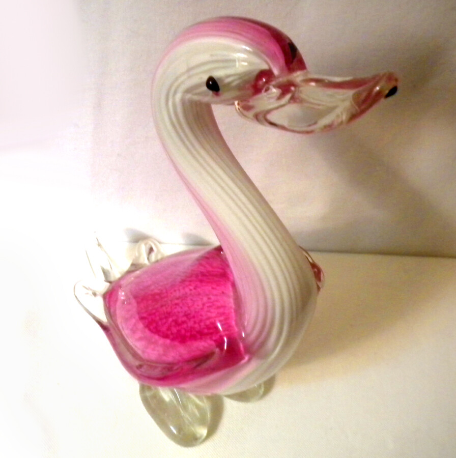 Vintage Pink Textured, clear & white Art Glass Duck Sculpture/Figurine 12 ½”