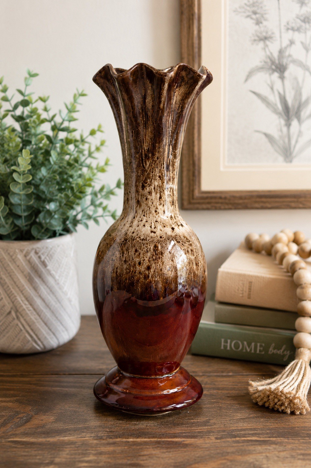 Vintage Royal Haeger Brown Drip Glaze Vase Ruffled Flared Top Dundee IL USA