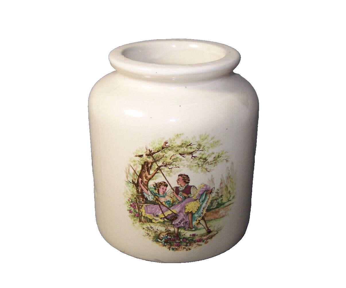 Vintage Pottery Vase Depicting Victorian Scenes Under Glaze 5 x 4 inches