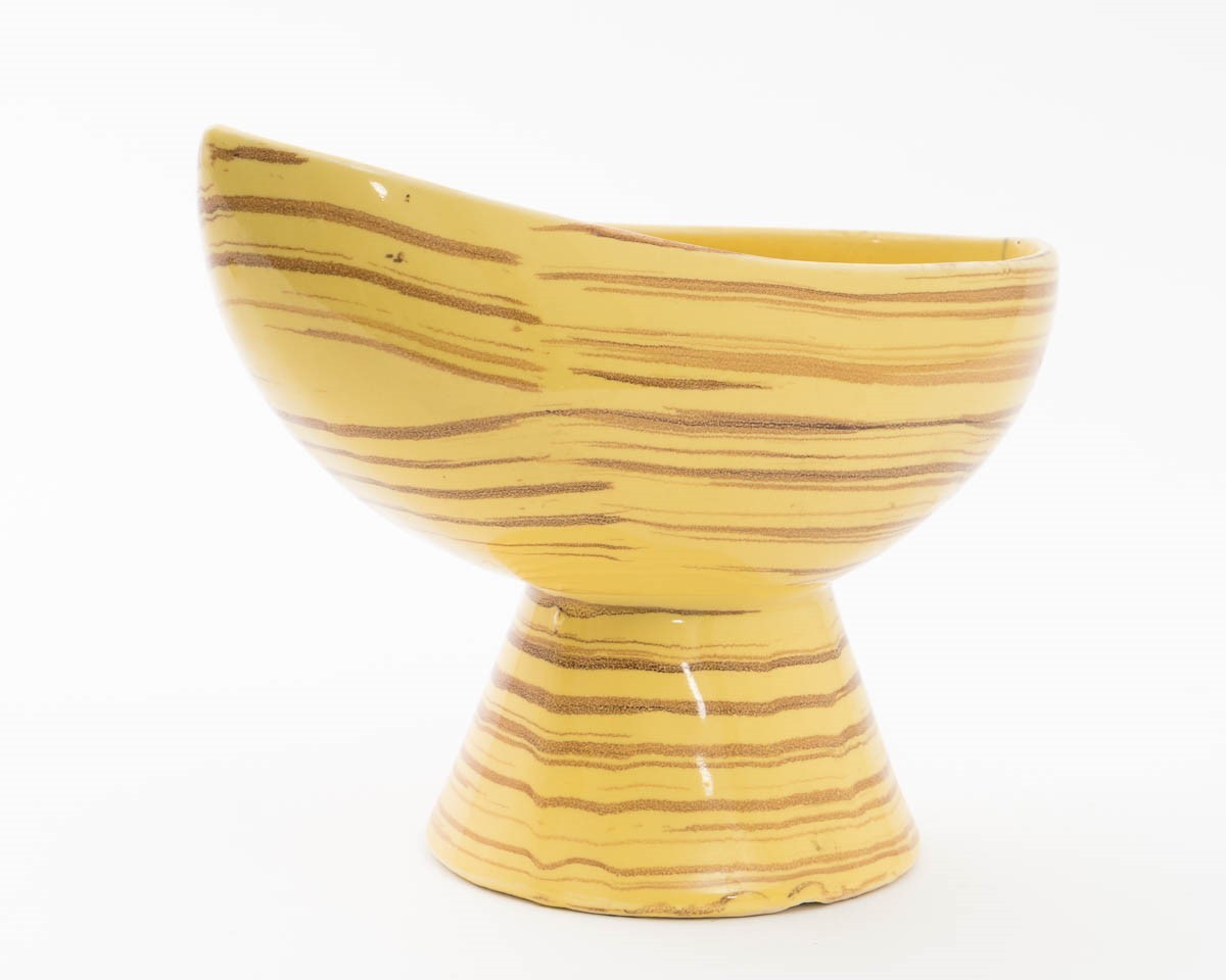 Vintage McCoy Pottery Harmony Footed Planter Yellow and Brown Striped Glaze 8.5″