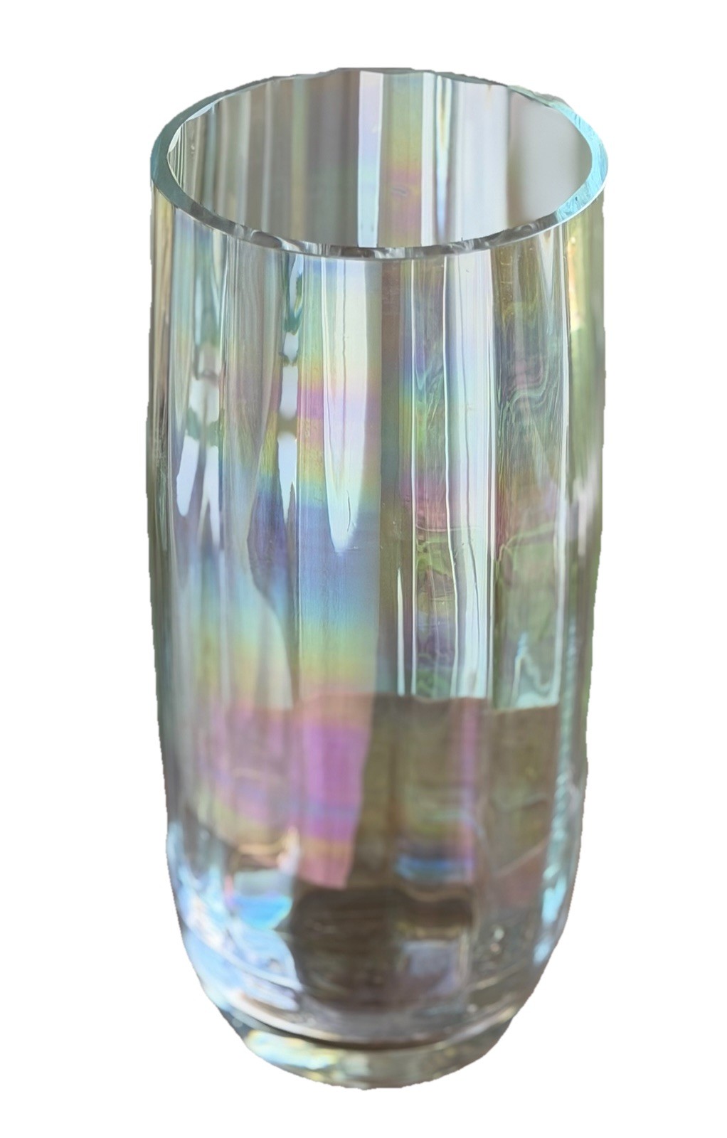 Heavy Iridescent Art Glass Vase Rainbow Luster Optic Ribbed 10.5” Modern MCM