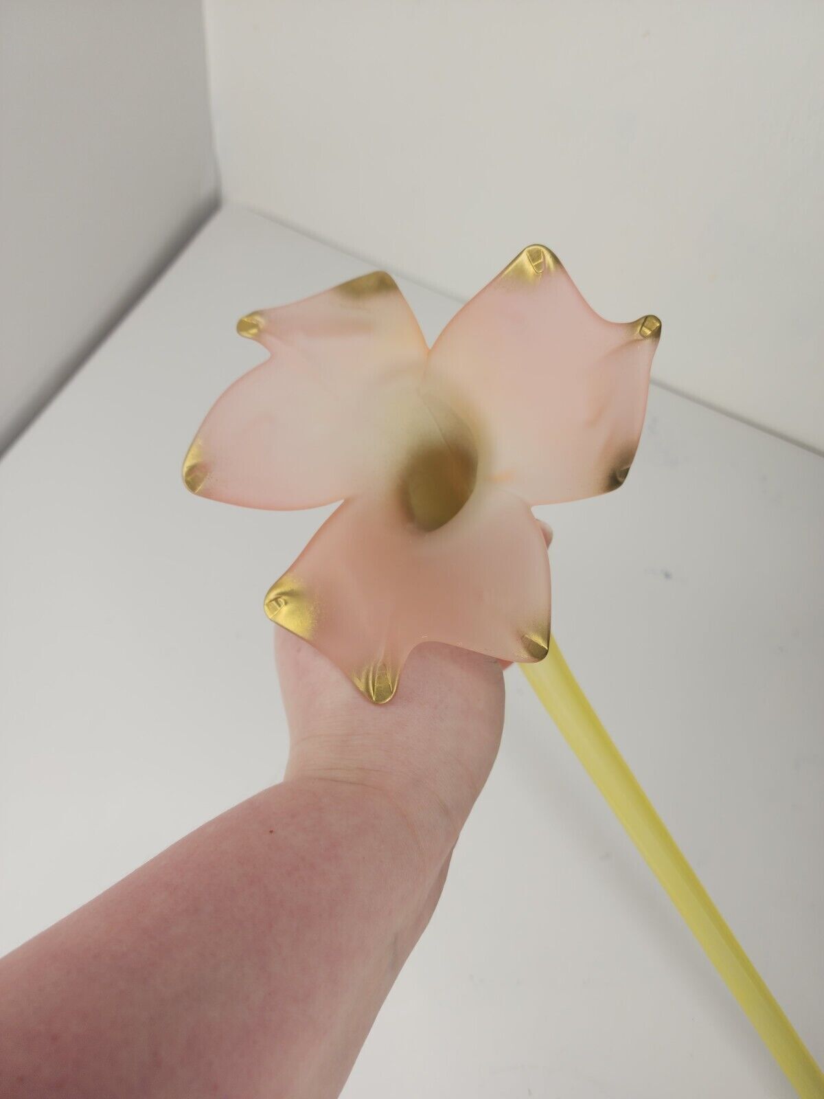 Long Frosted Yellow Pink and Gold Hollow Art glass flower 20 1/2”