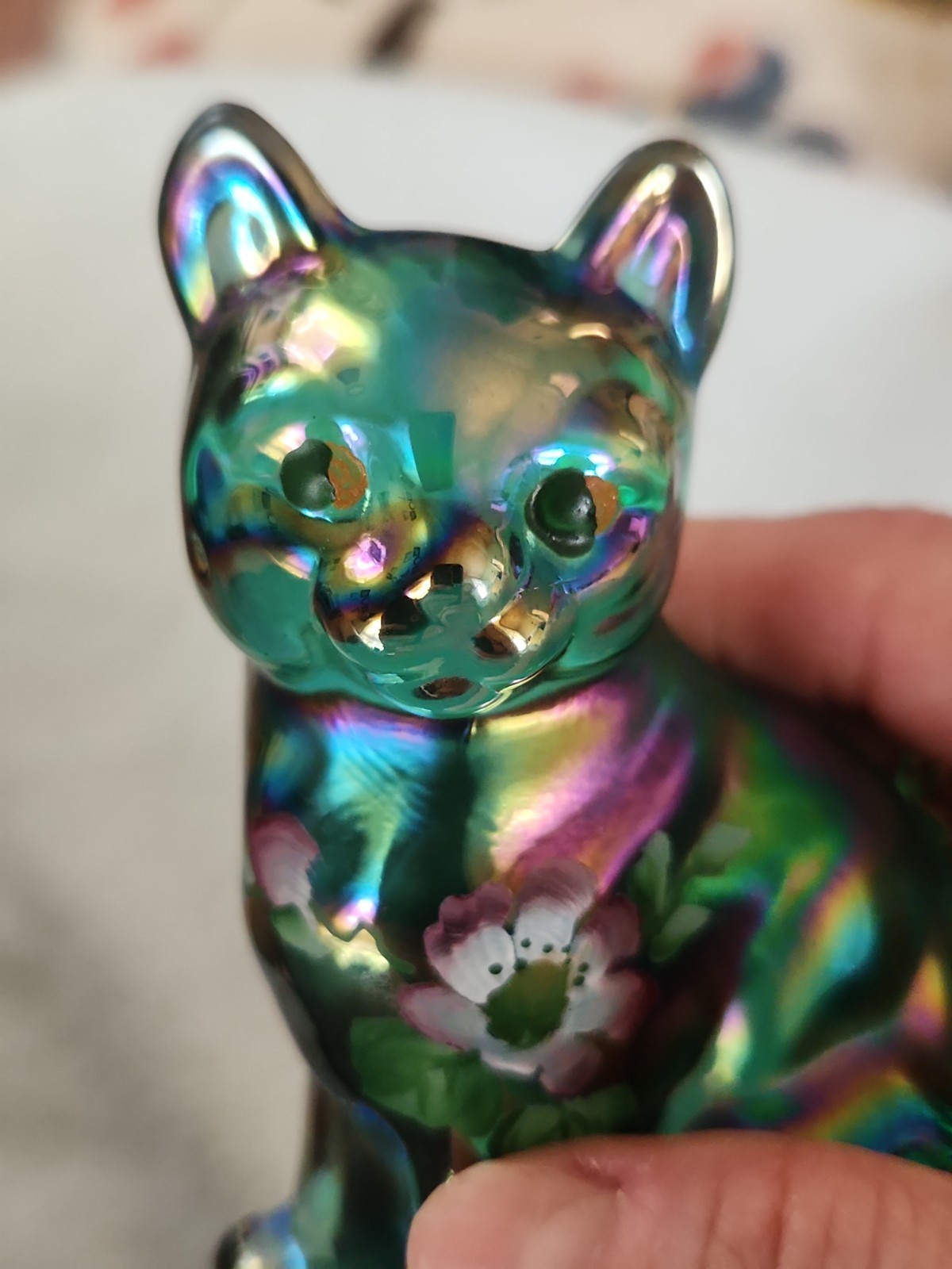 Purple Carnival Glass Fenton Cat Figurine Hand Painted With Sticker Stamped Logo
