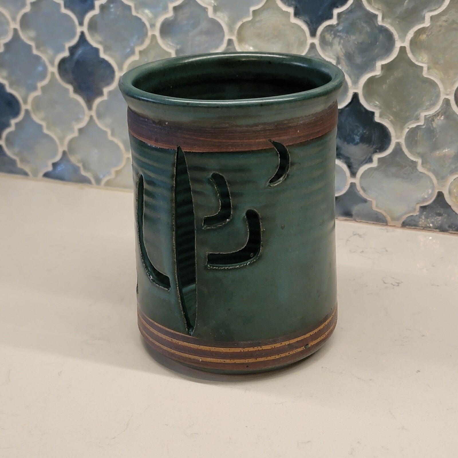 Vtg Southwestern VICTORIA LITTLEJOHN Moon Stars Cactus Art Pottery Vase Candle