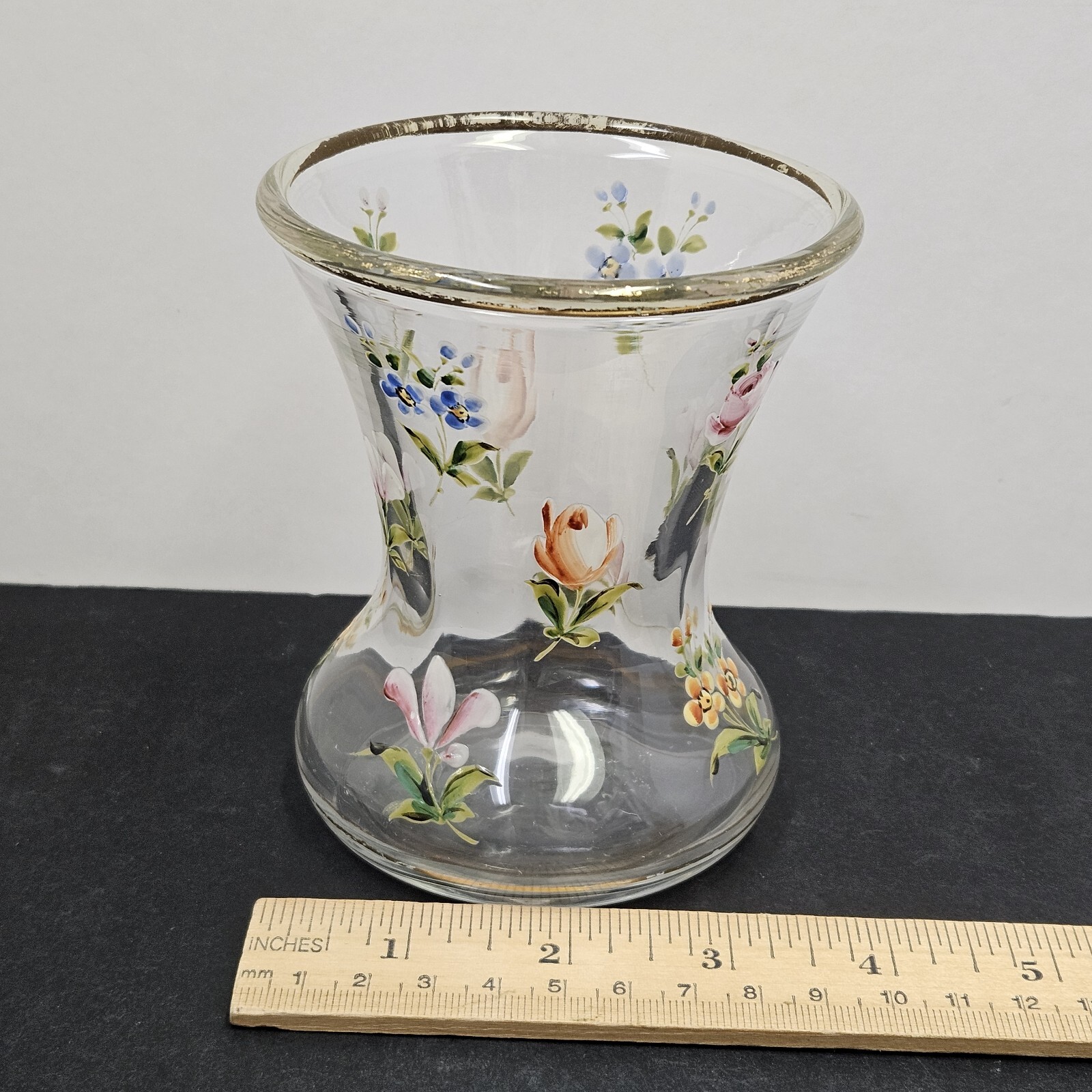 VTG French Style Hand Painted Enamel Flowers Glass Vase Victorian Cottagecore