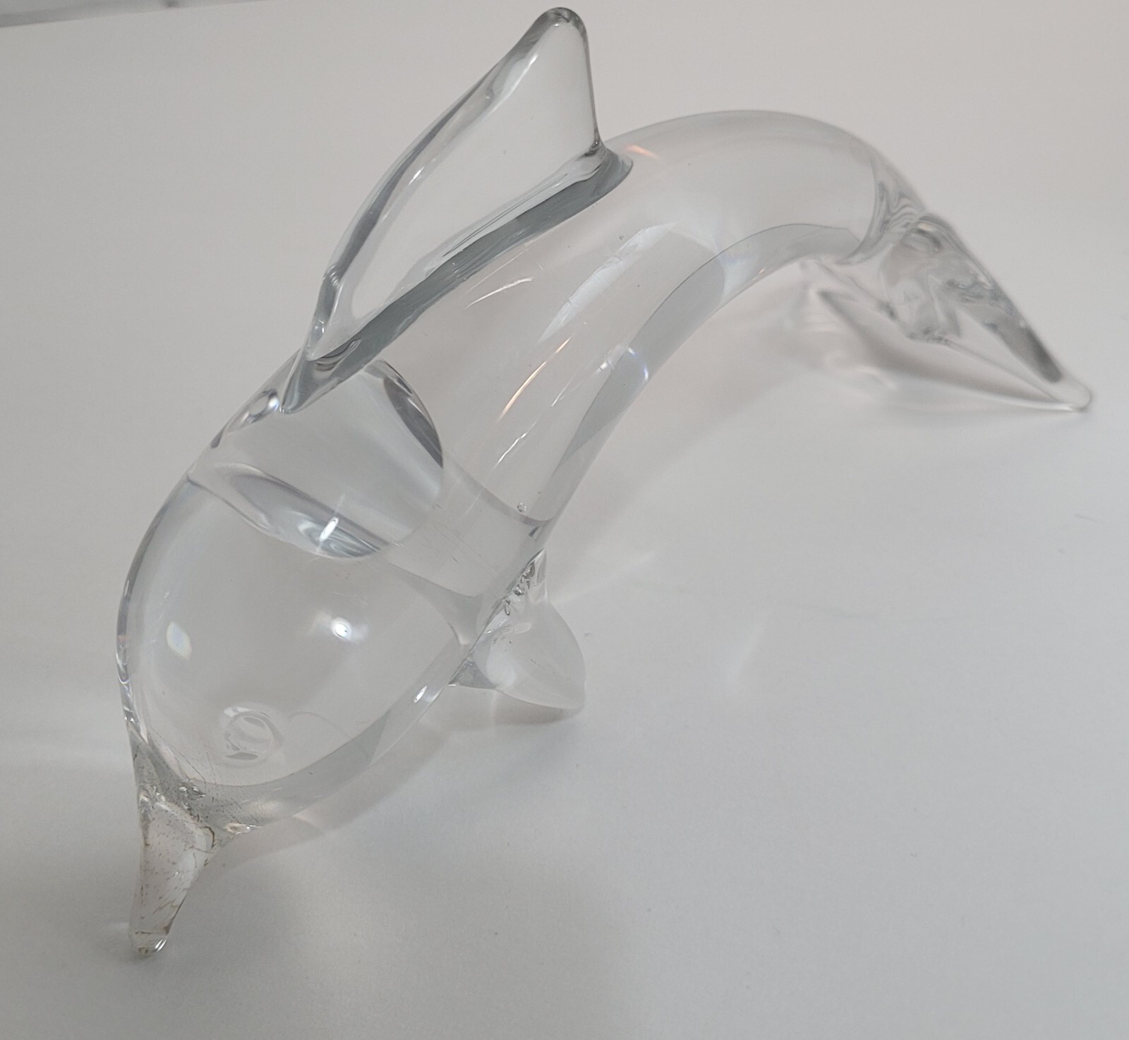 Blown Glass Dolphin Sculpture Paper Weight Display Clear Art Glass 6 1/2 Inches
