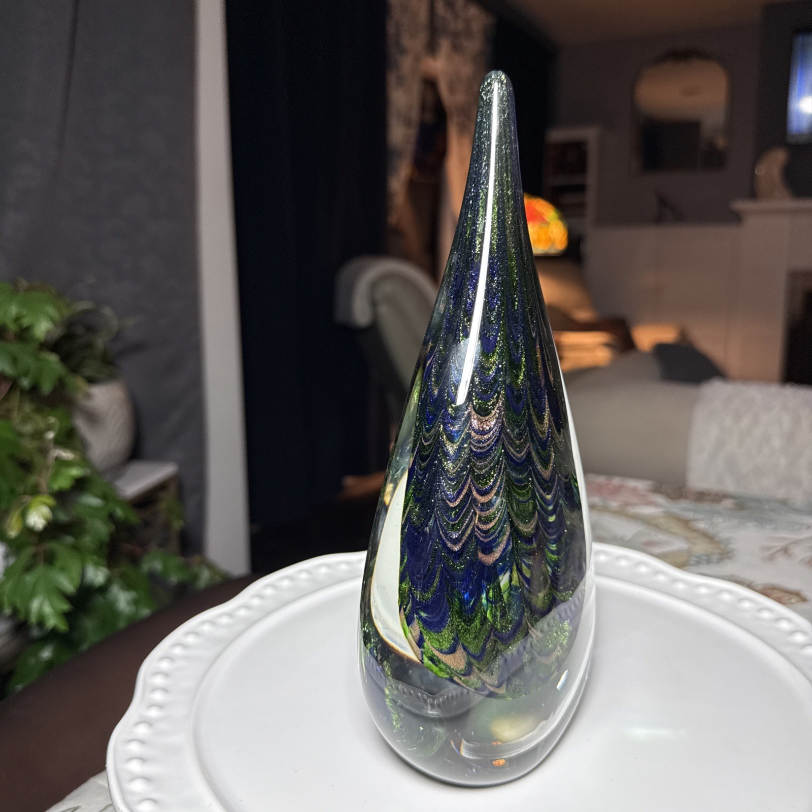 Peacock Inspired Heavy Art Glass Teardrop Sculpture Paperweight 10” Home Decor