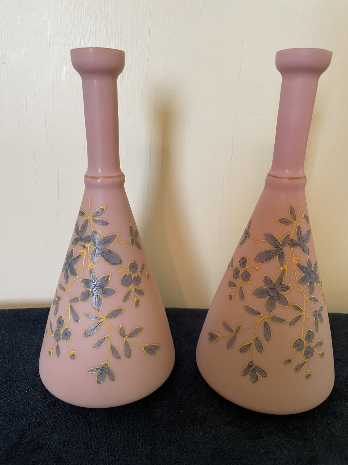 Pair of Victorian Art Glass Decorated Pink Satin Mantel Vases Thomas Webb