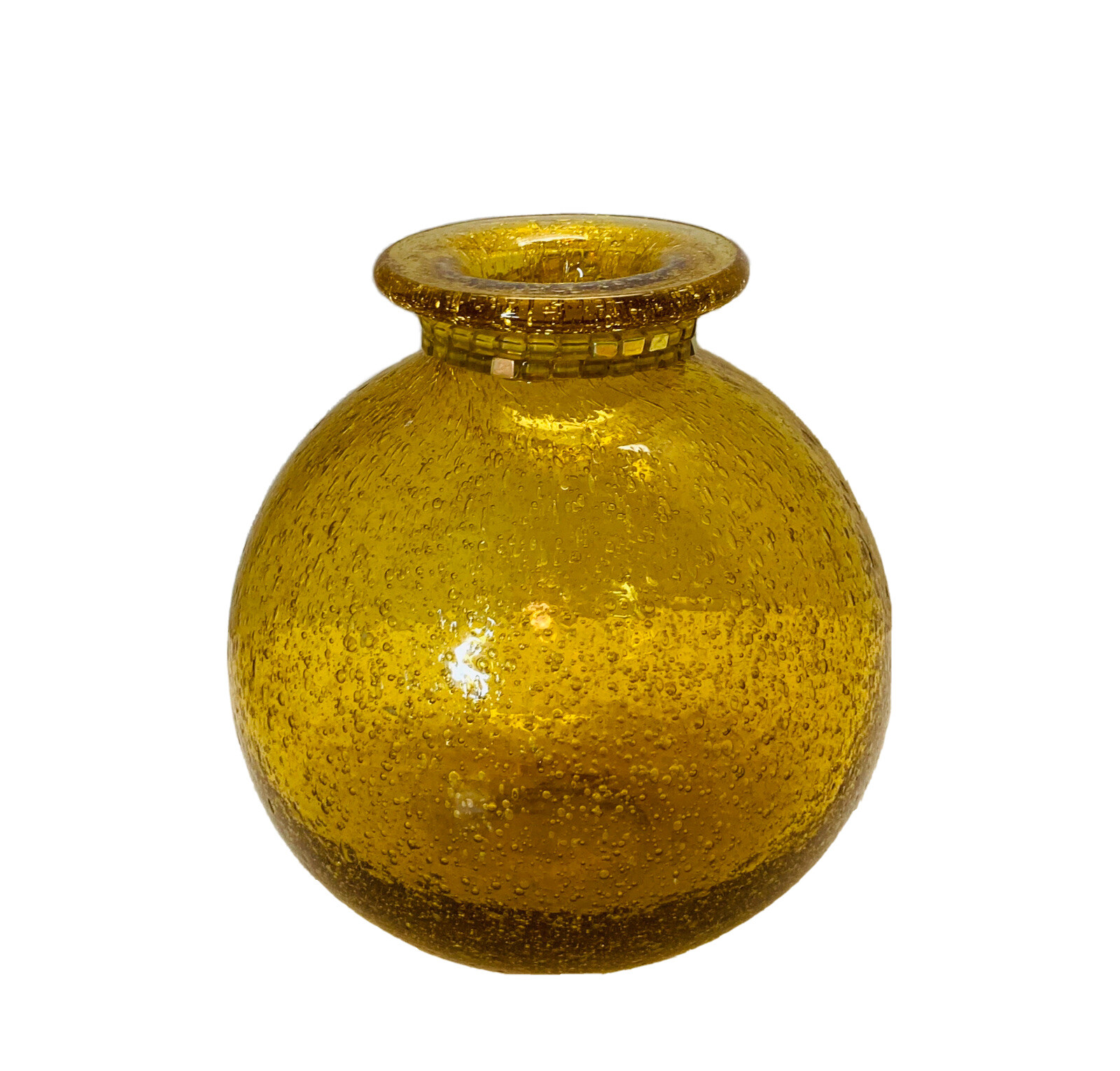 Montaage Weed Pot Bubble Art Glass Gold Vase w/Beaded Neck MI India