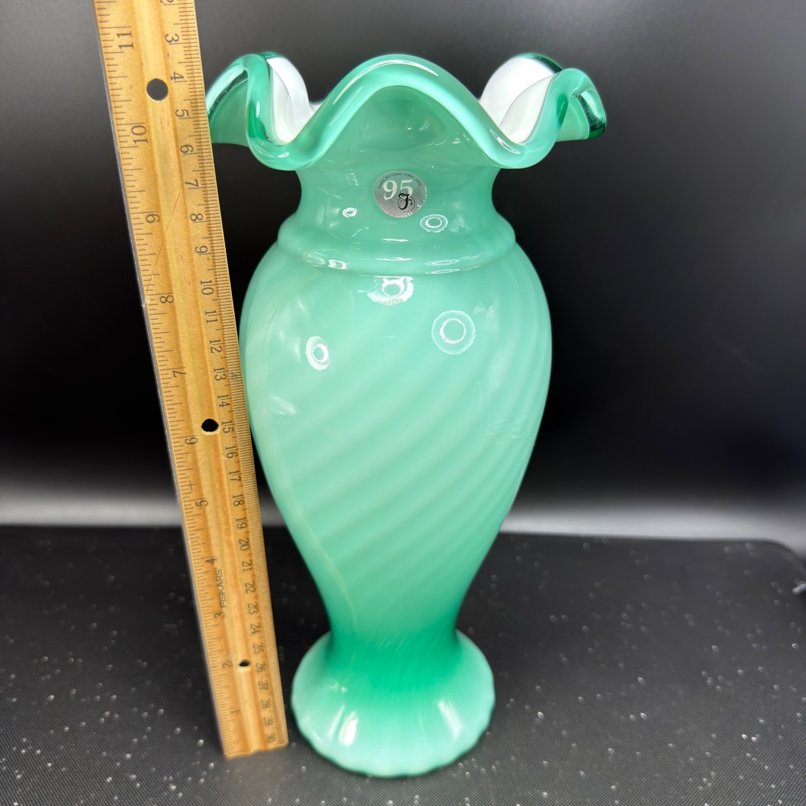 Fenton Seafoam Green Opalescent Swirl Ruffled Vase 95th Anniversary 10.5inch