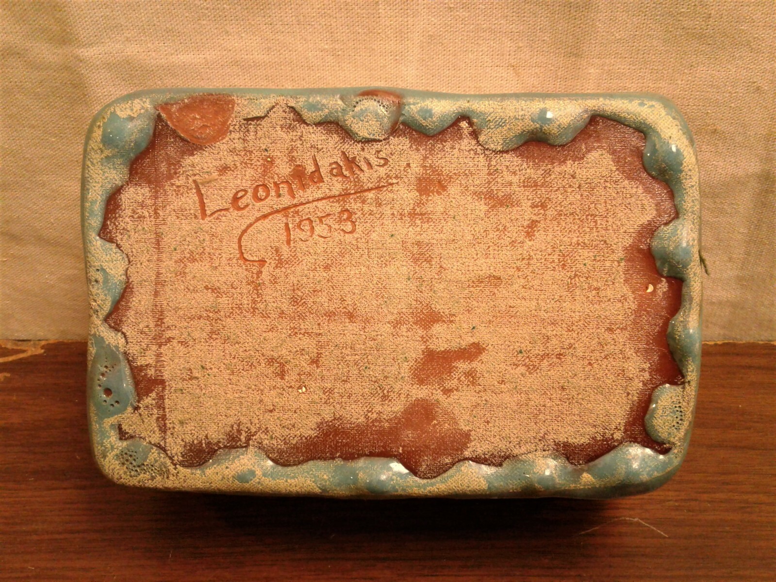 Vintage Studio Art Pottery Redware Turquoise Drip Glaze Rectangle Planter Signed