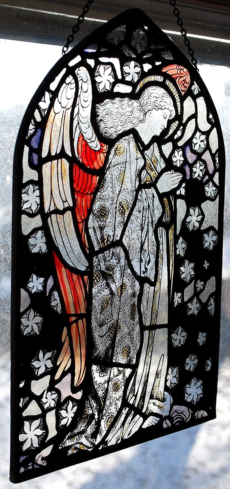 HUGE Stained Glass Suncatcher PRAYING ANGEL William Morris Repro w Chain 13.75″