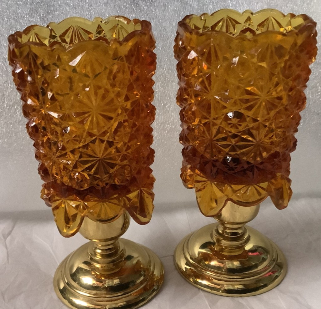 Votive Cups Colonial Amber Hobnail Toothpick Holder Pair Pressed Glass Vintage!