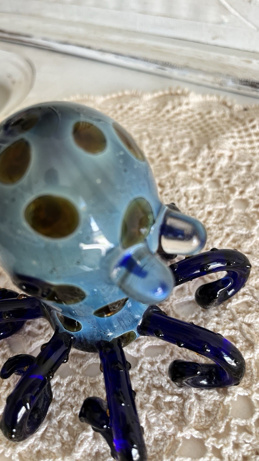 Vintage Hand Blown Octopus Art Glass Pipe Blue Amber Spotted Kraken Nautical 5″