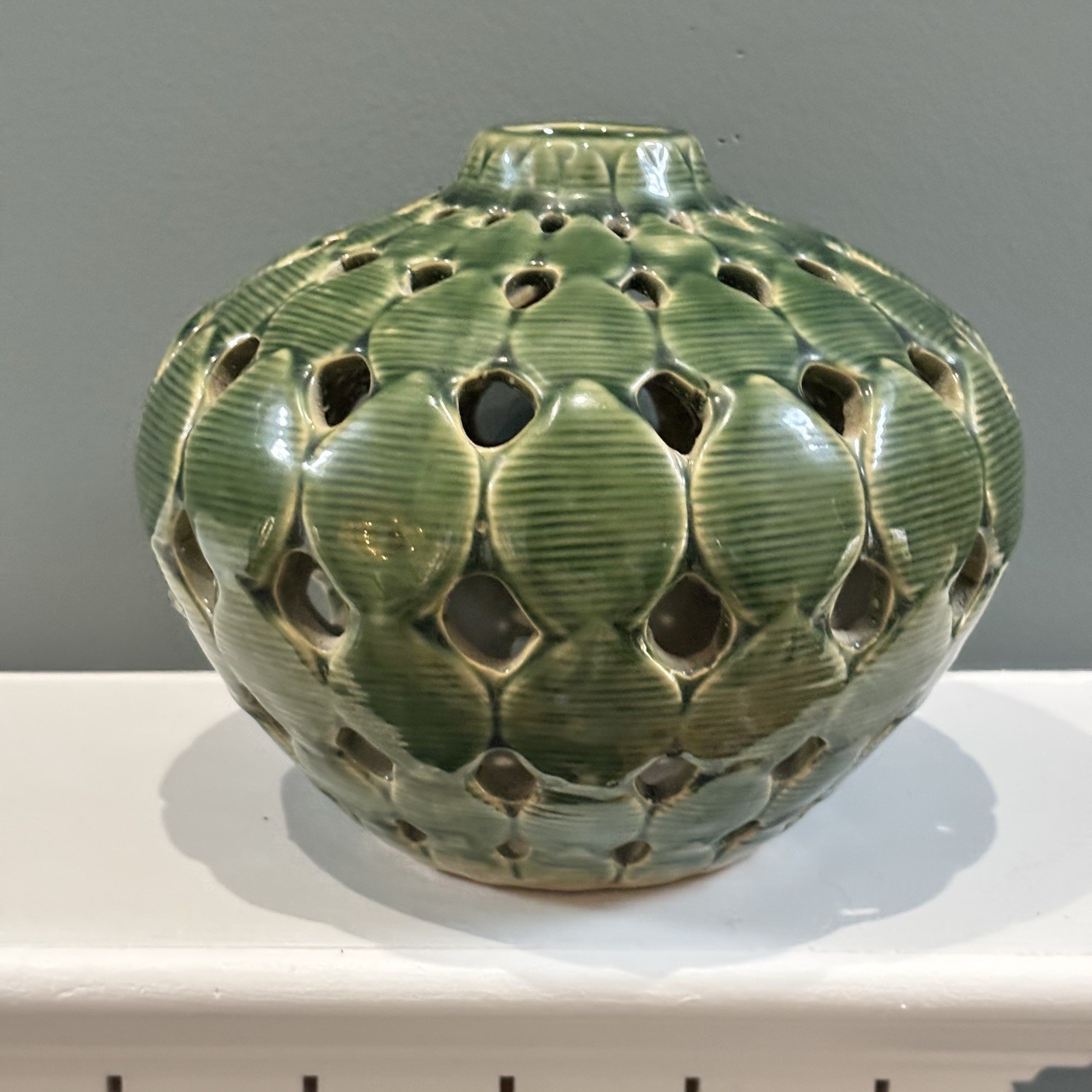 Vintage Green Leaf Reticulated Textured Vase 6.5” Tall, 8” Wide
