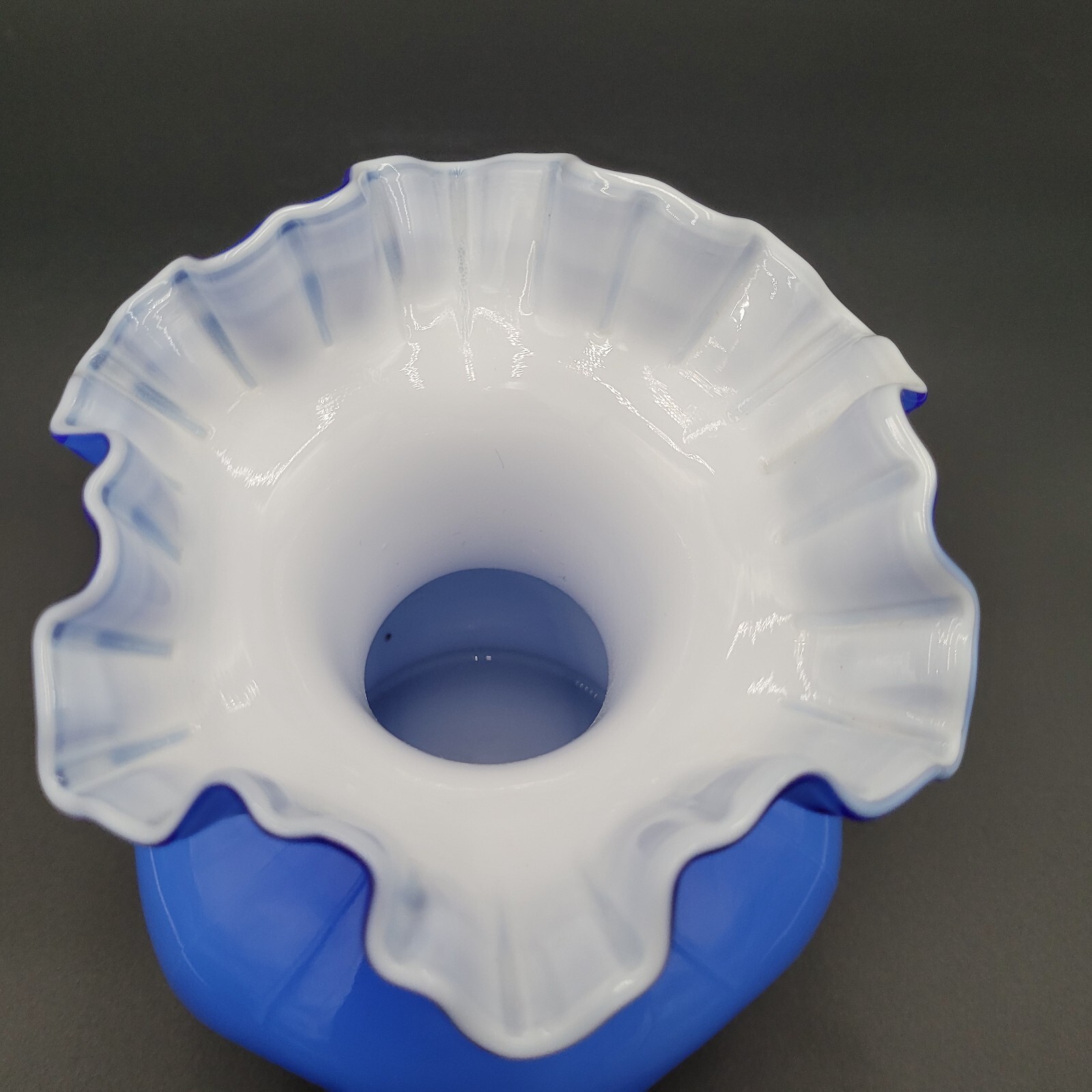 Fenton Canaan Valley Vase Milk Glass with Cobalt Casing Ruffled Crimped Stamped