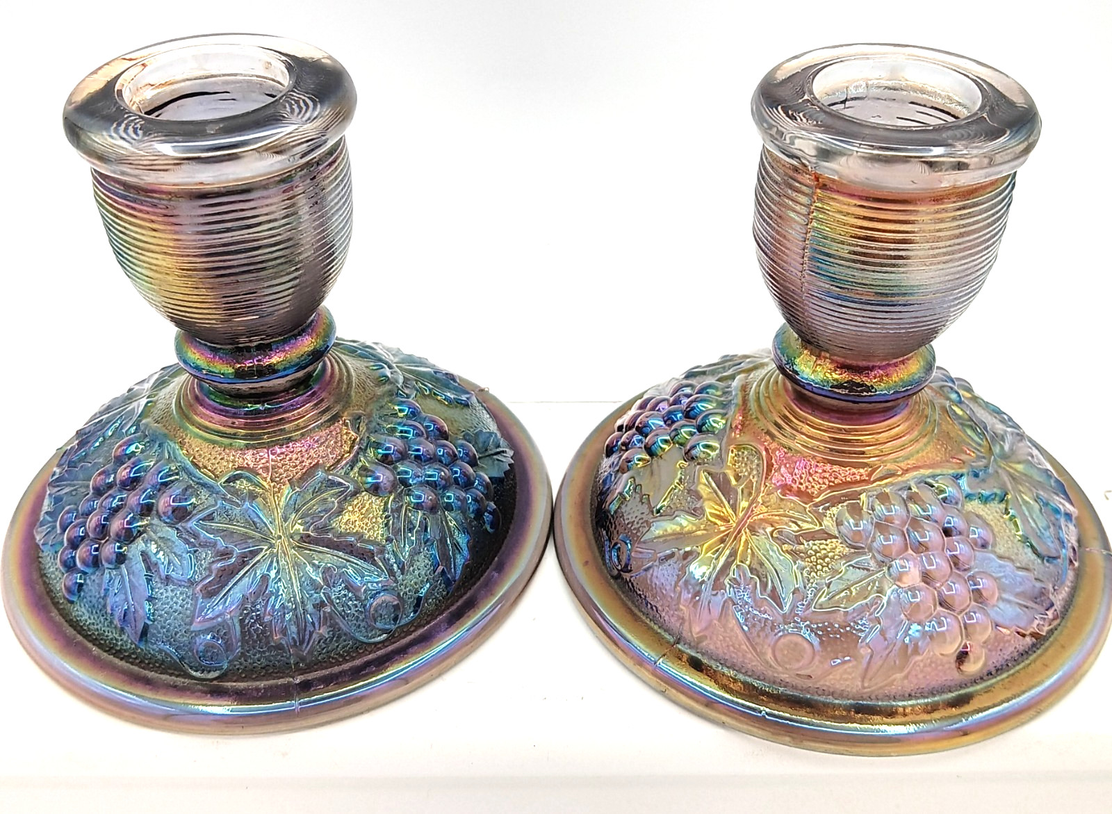 Vtg. Imperial Grape & Leaf Amethyst Carnival Glass Candle Holders 1951-1977