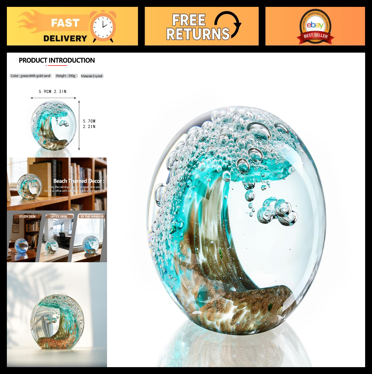Ocean Wave Glass Ball 2.3″ Blue Crystal Paperweight, Nautical Decor Sphere, Gift
