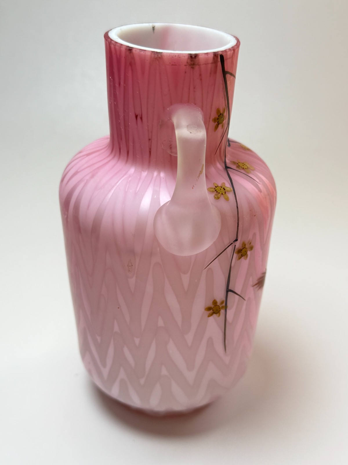 Antique Victorian Mt Washington Cased Pink Satin Glass Enamel Bird Quilted Vase
