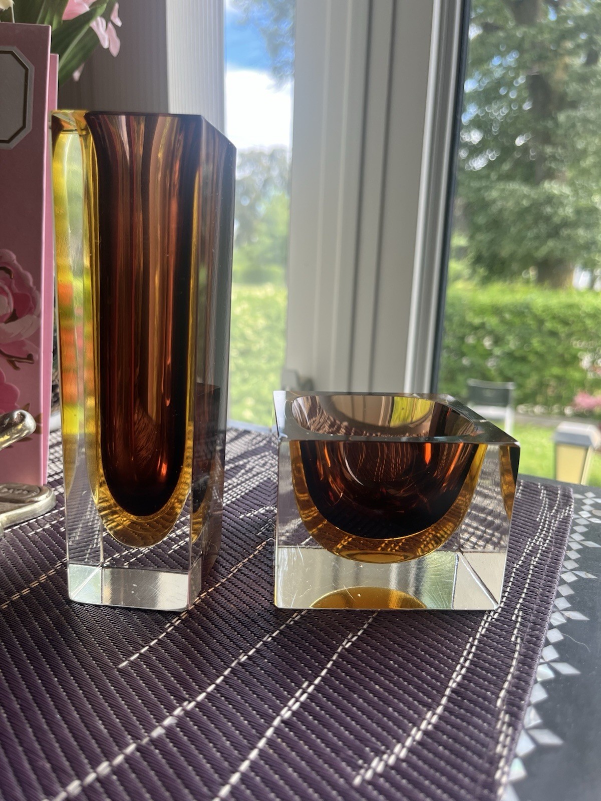Vintage Murano Faceted Brown & Amber Sommerso Glass Block Vase & candle holder
