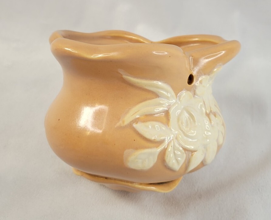 Vintage WELLER POTTERY Peach & White HANGING PLANTER BASKET With Drainage.