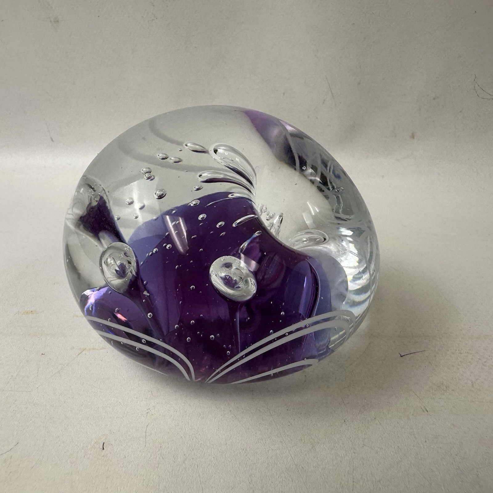 Small Art Glass Paperweight Flower Blue White Clear Bubbles