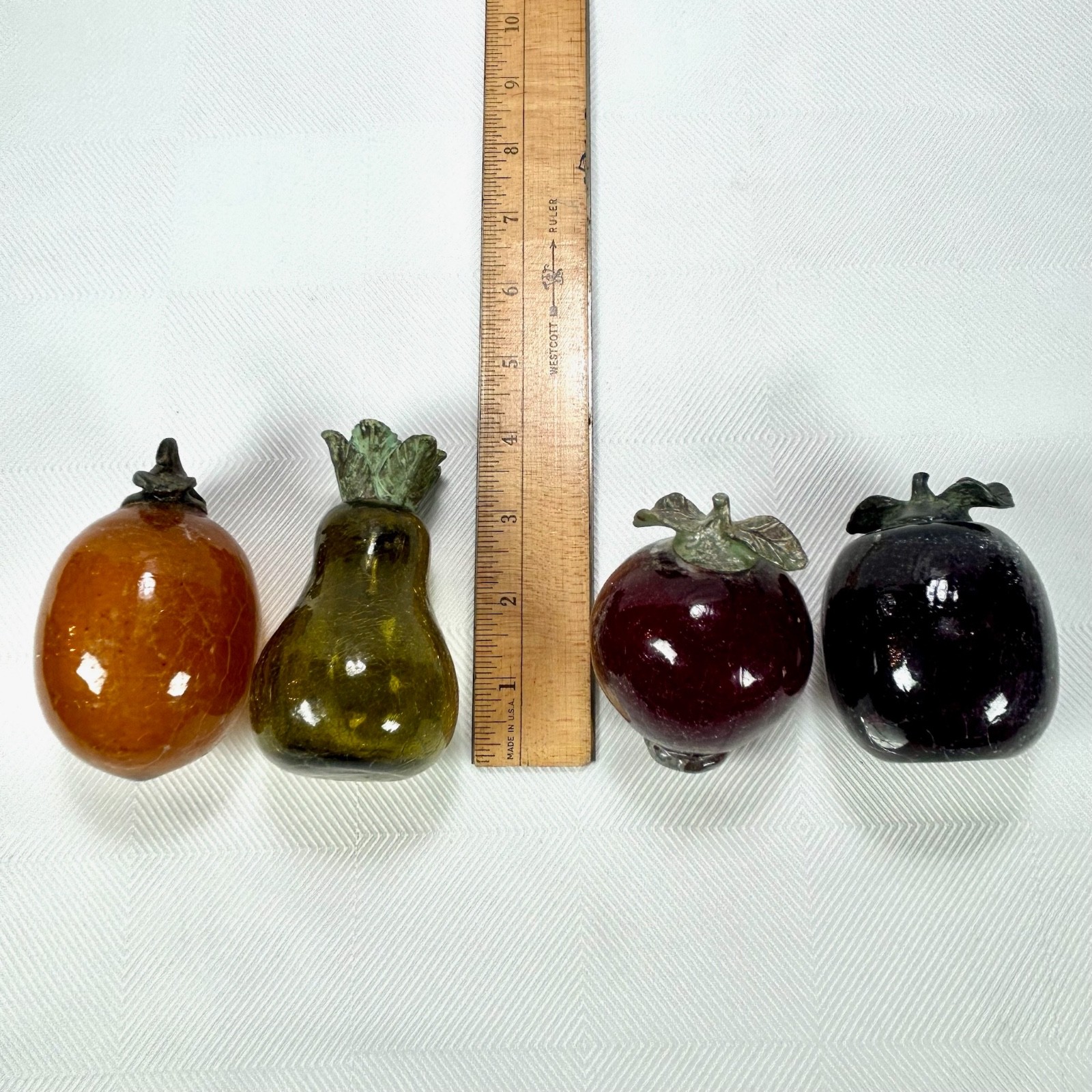 4 VTG Hand Blown Art Glass Crackle Fruit Metal Stem Pear/Apple/Lemon/Pomegranate