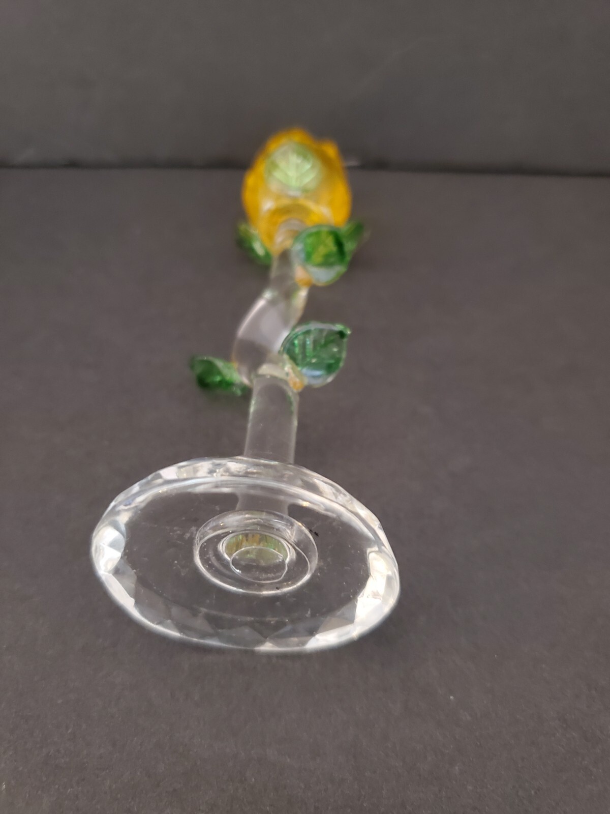 Faceted Glass Yellow Rose with Green Leaves Figurine 5.5″ Tall Floral Decorative