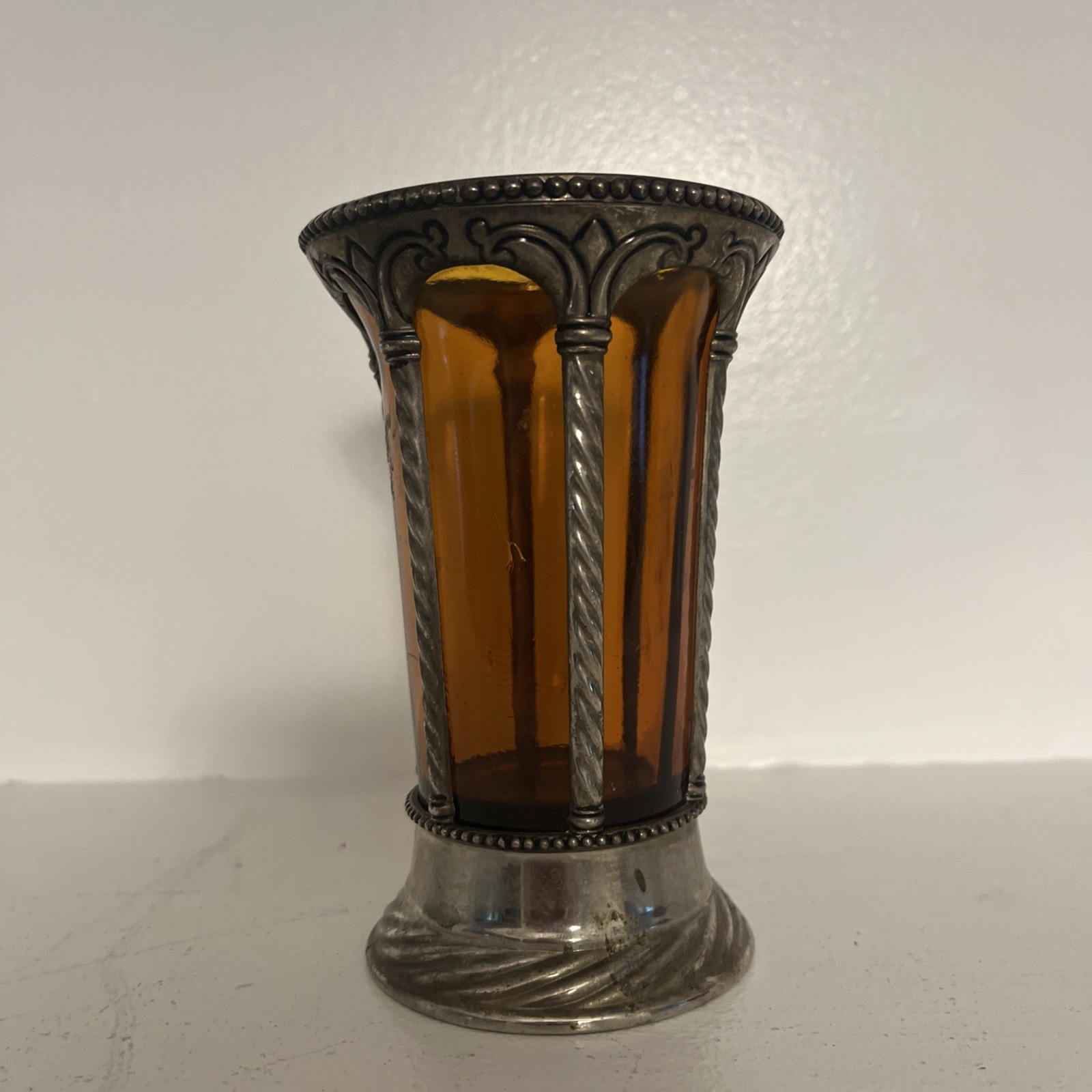 French Neoclassical Amber Art Glass Vase With Decorative Silver-Plated Metal