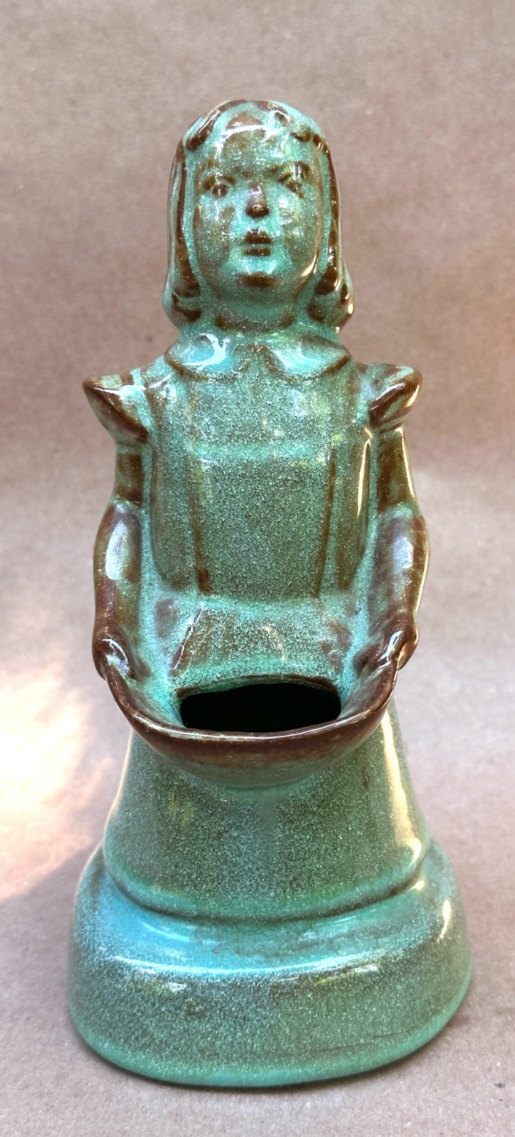 Rare Vintage MCM NICODEMUS ART POTTERY Green Ferro Stone Flower Girl