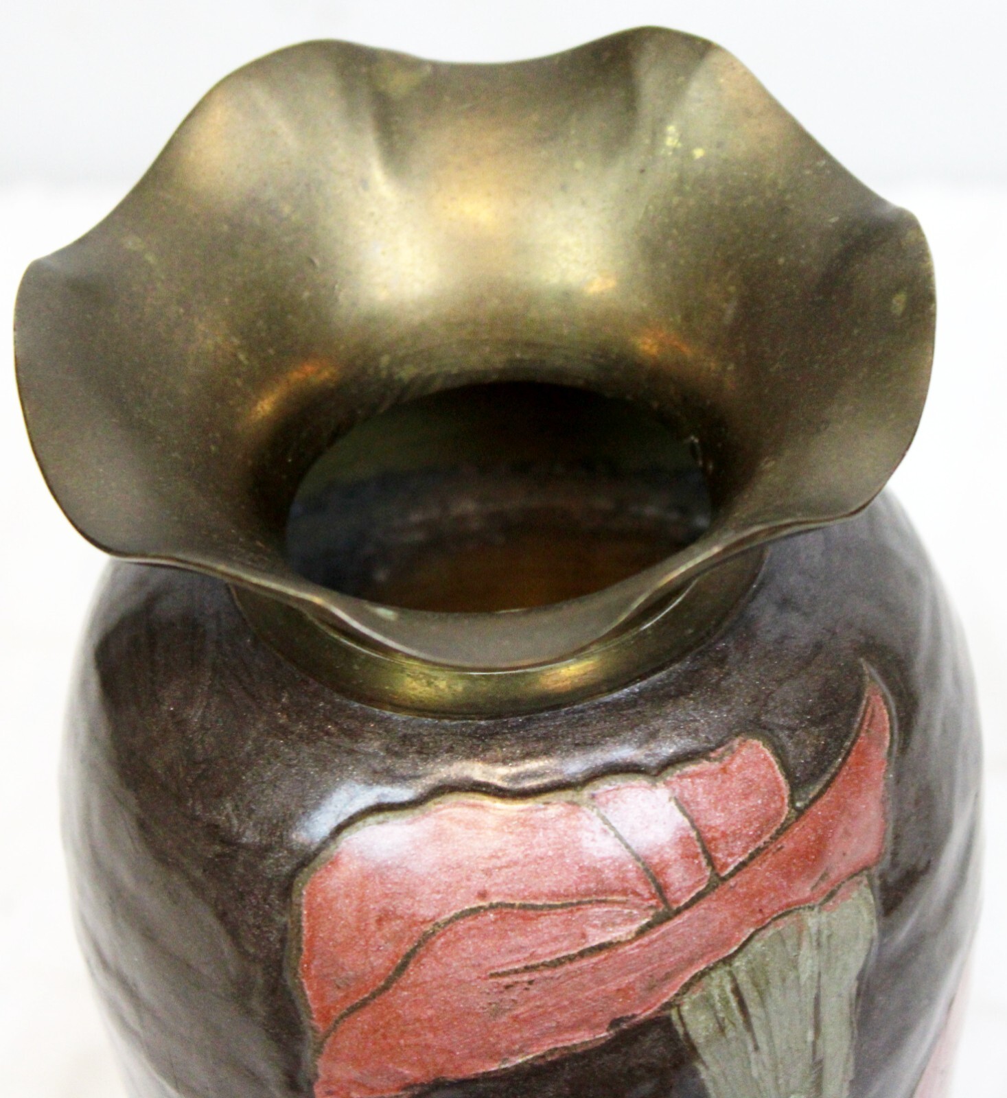 Vtg 80s Cloisonné Brass Vase Pink Lillies Brown Calla Cala Lily Ruffled Rim Top