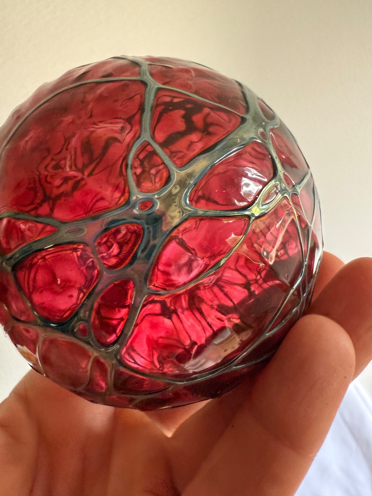 Hand Blown Art Glass Ball approx. 4” Suncatcher Red Web Gray ornament
