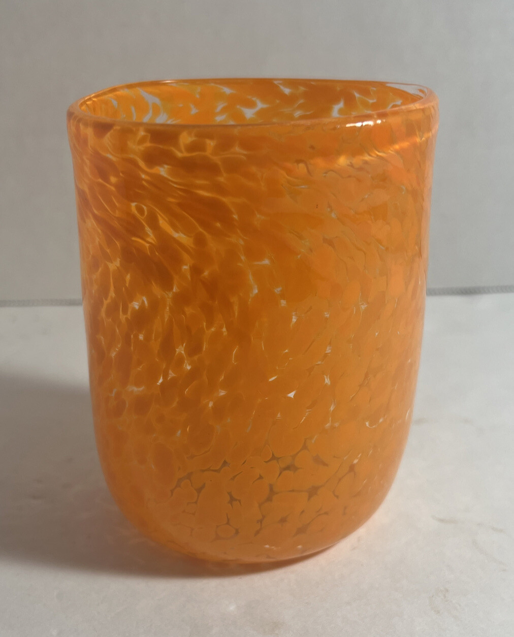 Hand Blown Orange Swirl Art Glass 4″ Tall Tumbler Vase Artisan Luxury