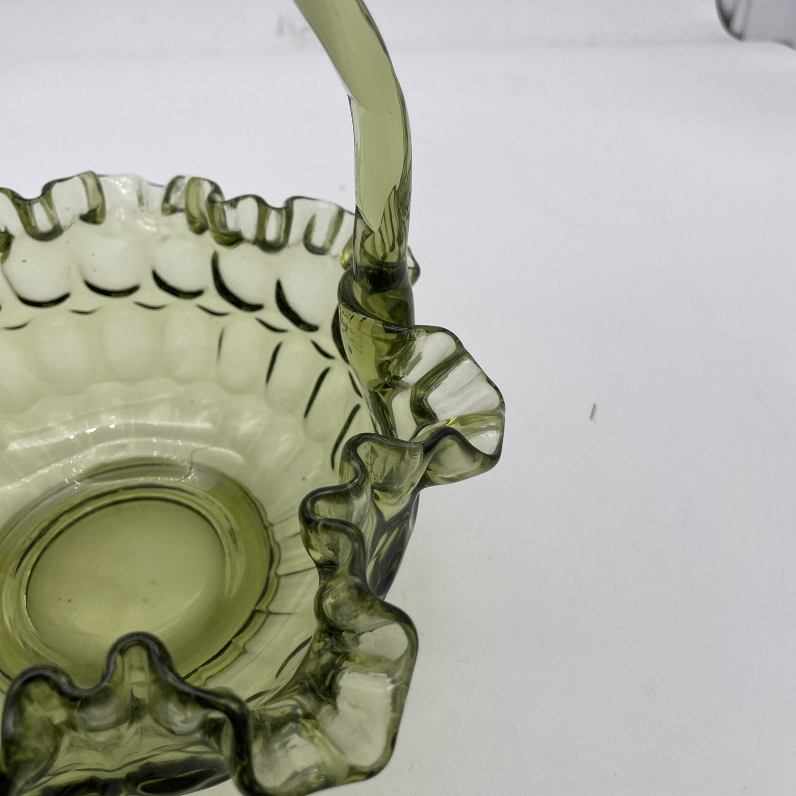 Vintage Fenton Colonial Avocado Green Glass Basket W/ Handle Ruffled Thumbprint