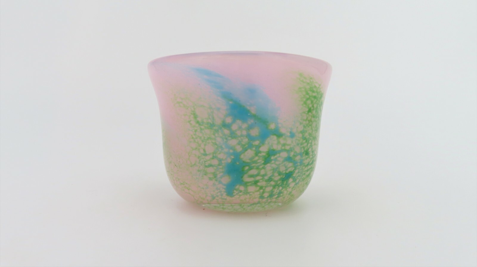 Hand Blown Art Glass Votive Pastel Pink Blue Green Swirl Candle Holder 3″ Tall