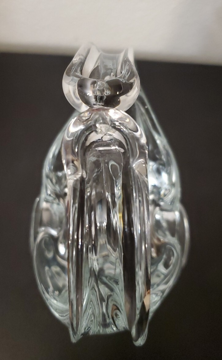 Vintage Hand Blown Art Glass Basket Clear Split Handle Basket Vase 8″