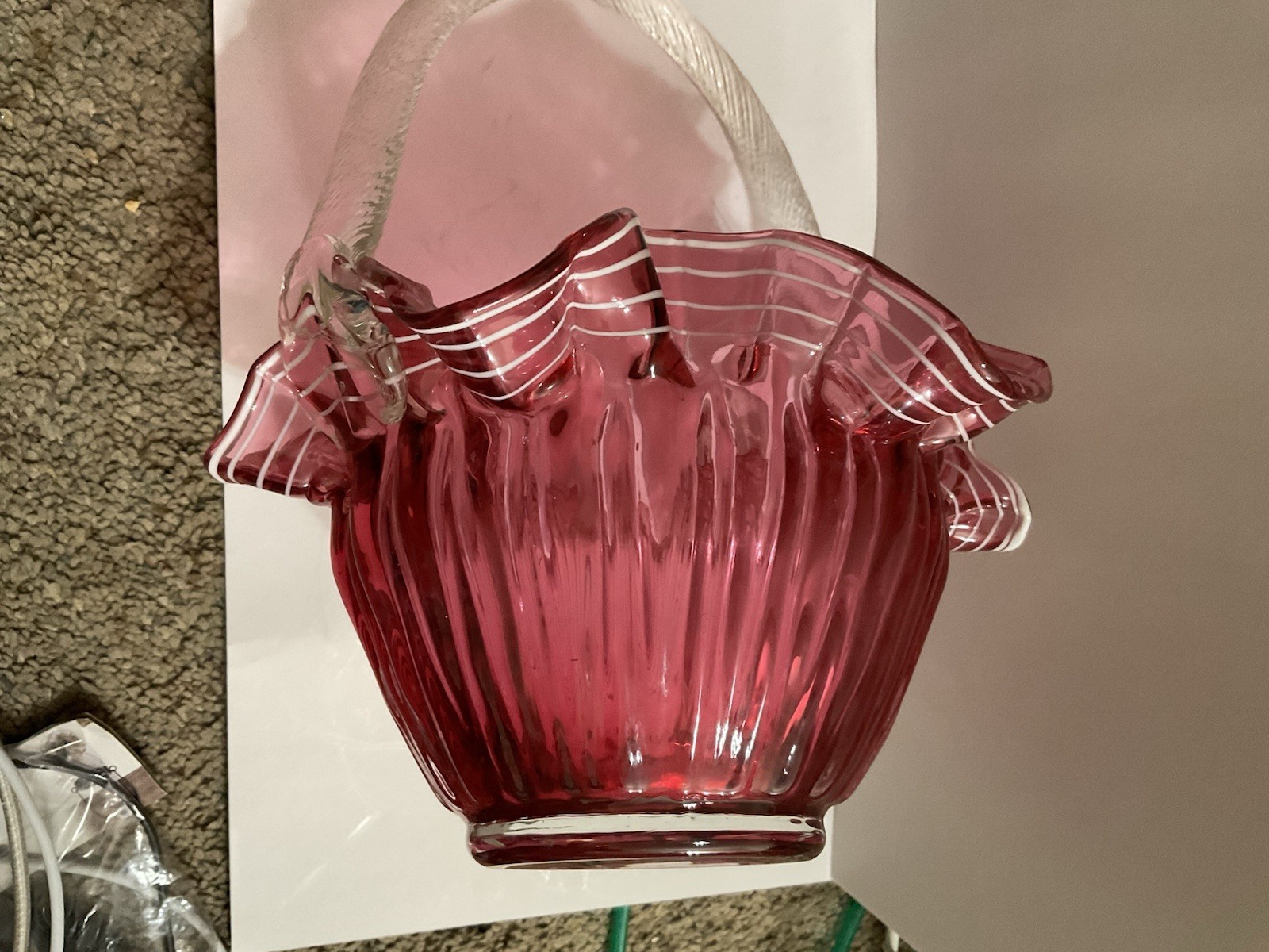 Fenton Cranberry Glass Overlay Ruffled Basket with Handle 1950 Ribbed Art Glass