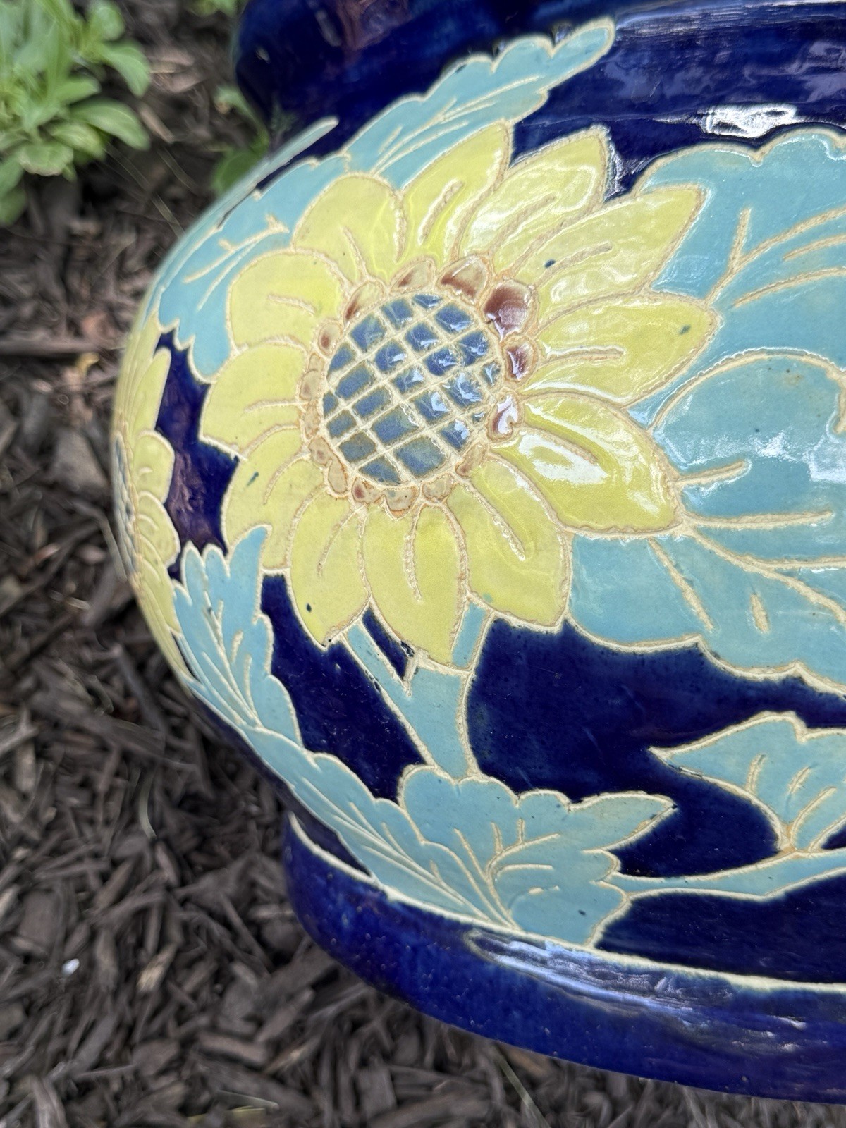 Vintage Large Enameled Ceramic Garden Pot Planter Vase Sunflowers