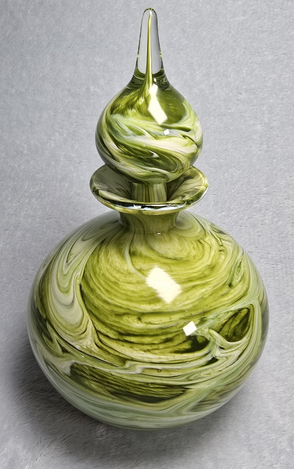 Valletta Glass Hand Blown Green Swirl Perfume Bottle 8in Signed