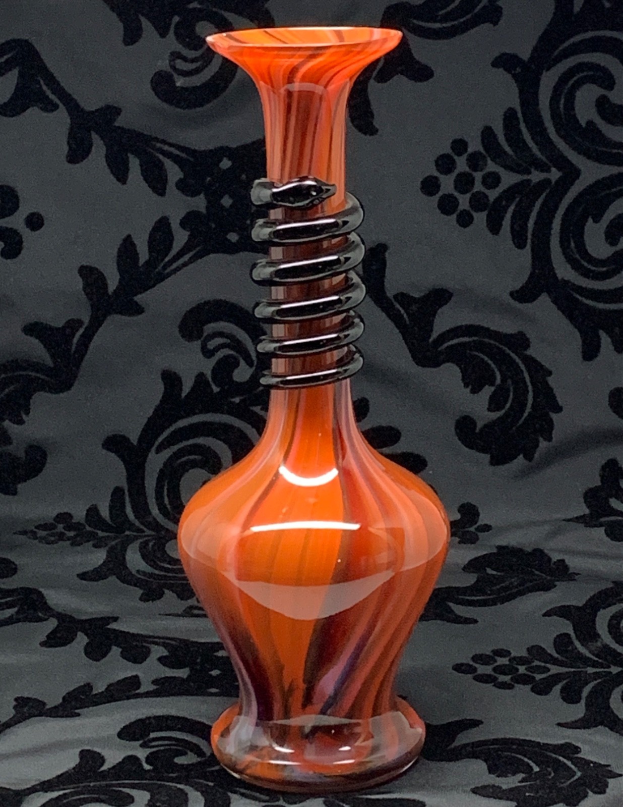 Bavarian Art Glass Vase Orange Swirl with Applied Black Snake Tango Style