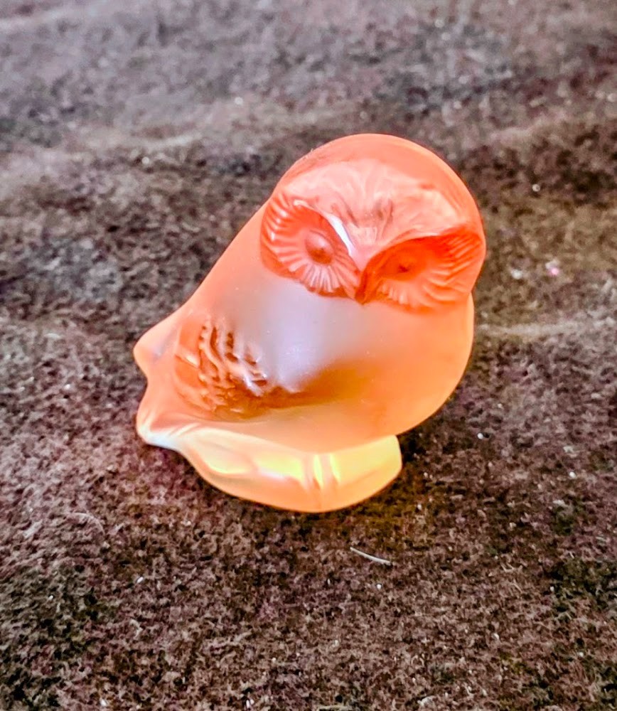 Antique “Lalique Amber OWL signed in script” w-Box rare excellent condition