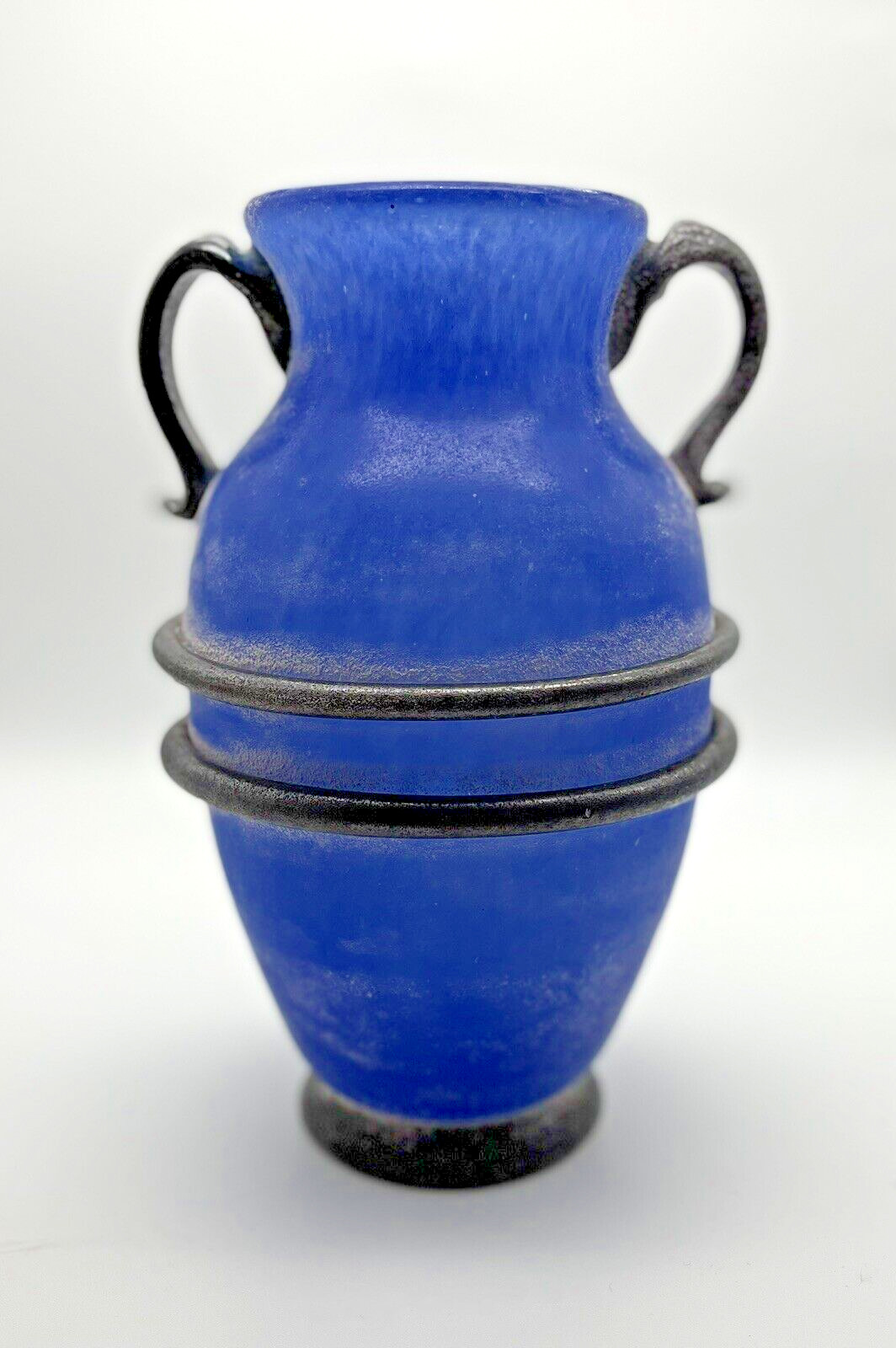 9” “Design Guild” STICKER Romania Art Glass Cobalt BLUE Handblown Urn Vase Jar